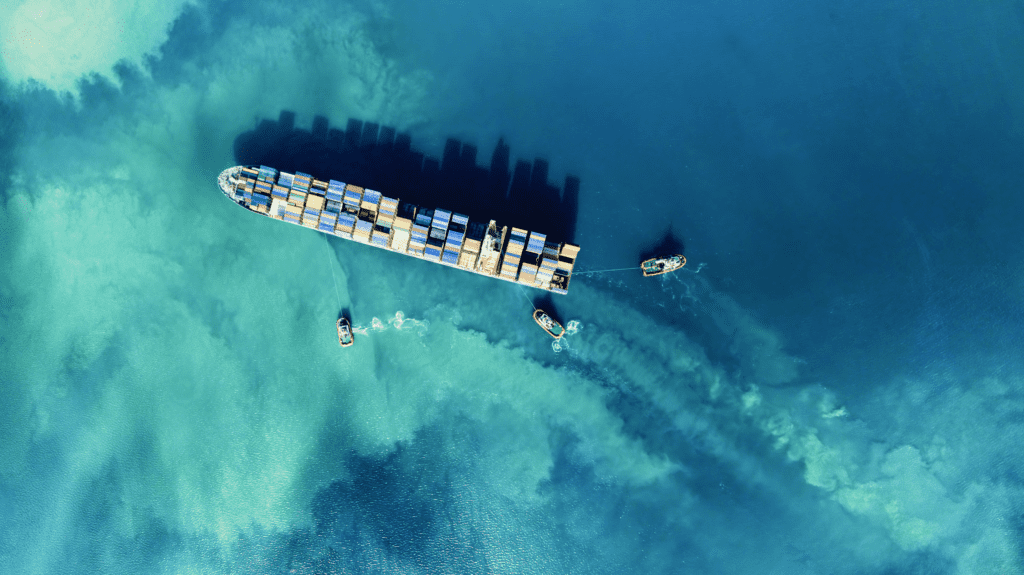 Satellite image of a carbo ship on blue waters
